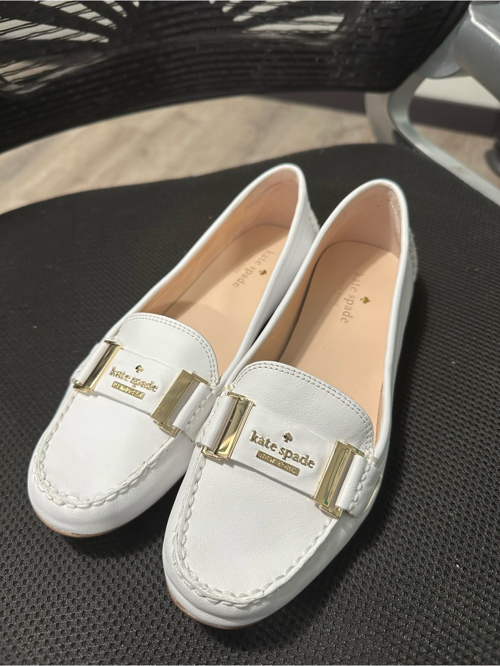 kate spade White Leather Loafers with Gold Buckle size 7.5 brand new
